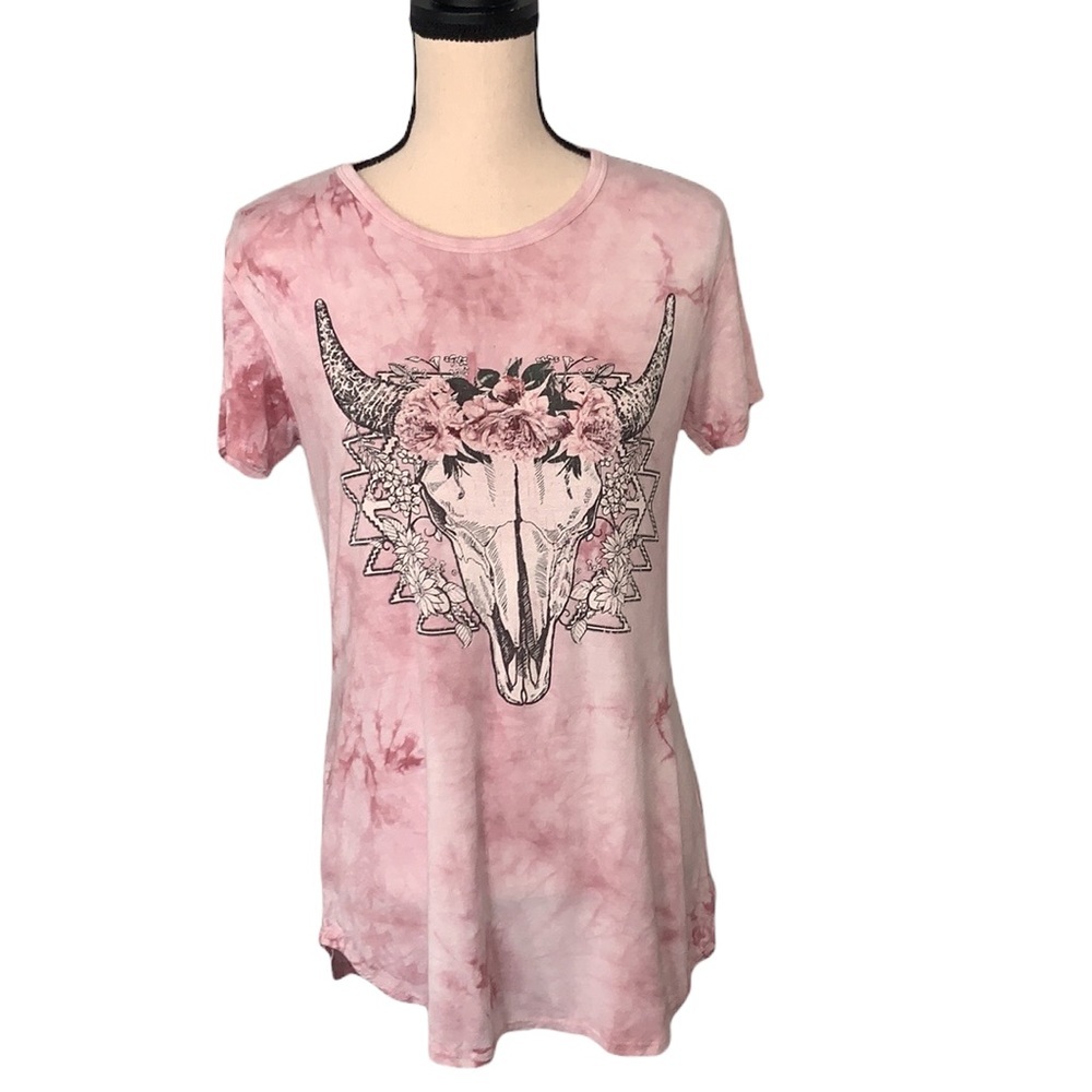 23 Love Street Pink Tie Dye Boho Skull Graphic Tee Shirt Size XL Like New